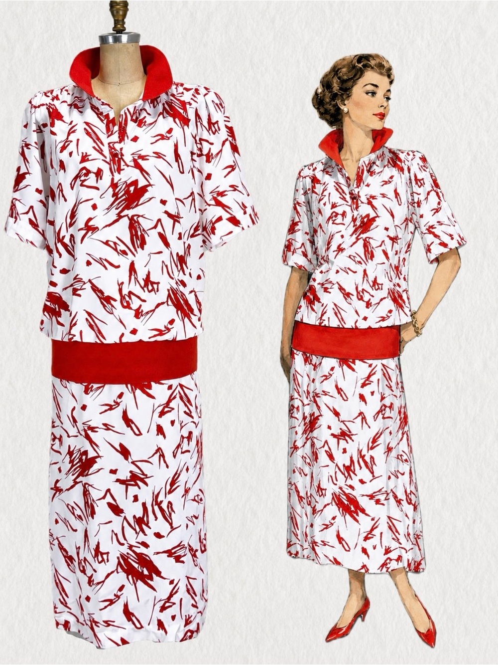 VINTAGE 80s drop waist abstract dress collar short sleeve long maxi red white